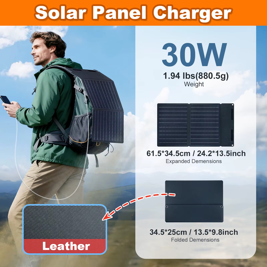 Leaorld 30W Solarpanel-Ladegerät 12V Batterieladegerät mit USB PD3.0 Schnellladefunktion und Clips in Schwarz - Bild 4