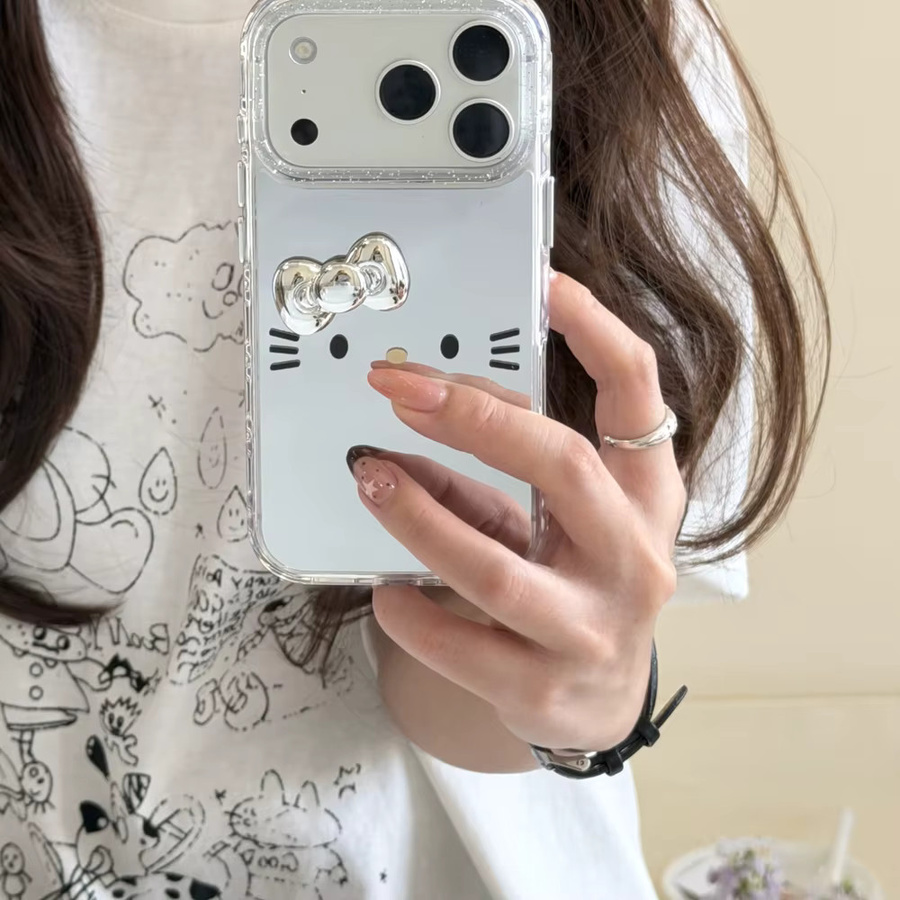 Sanrio Hello Kitty Handyhülle mit 3D Cartoon Design und integriertem Schminkspiegel für iPhone 17 16 15 14 13 Pro Max, transparent, stoßfeste Hartschale - Bild 3