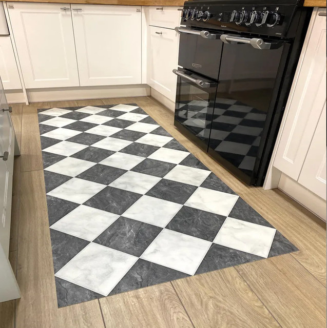 Läuferteppich aus Vinyl im Schachbrett-Design mit schwarz-weißem Marmorfliesen-Muster für Küche, Flur und Esszimmer - Bild 1