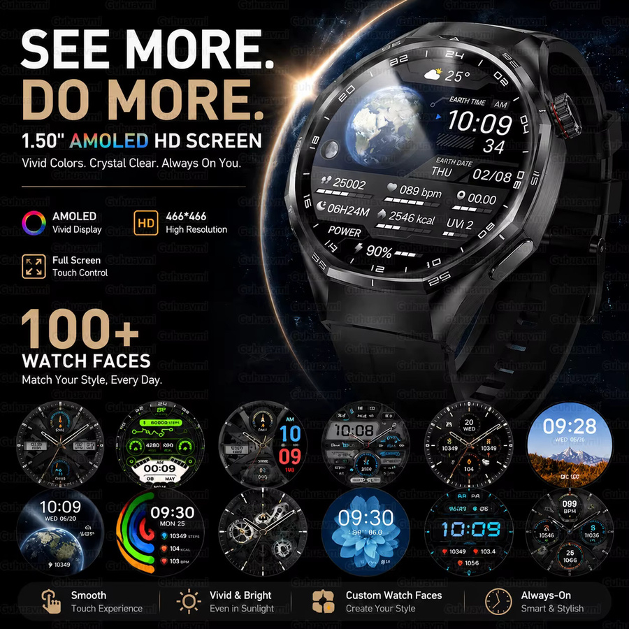 GUHUAVMI Outdoor-Sport-GPS-Smartwatch für Herren mit 1,50 Zoll HD-AMOLED-Bildschirm, IP68 wasserdicht, Bluetooth-Anruffunktion, Schwarz, kompatibel mit Android und iOS - Bild 2