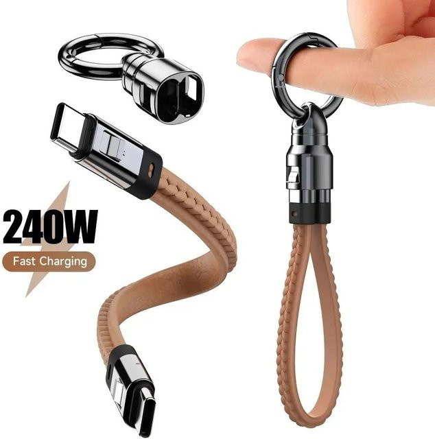 240W USB-C zu USB-C Schnellladekabel in Schwarz mit Lederdesign und Schlüsselanhänger für iPhone 15 16, MacBook und Android-Geräte - Bild 1