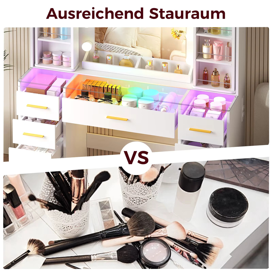 BEWISHOME Schminktisch mit LED-Beleuchtung, Glasplatte, Steckdose und USB-Anschluss in Weiß, B/T/H: 105 x 40 x 140 cm - Bild 3