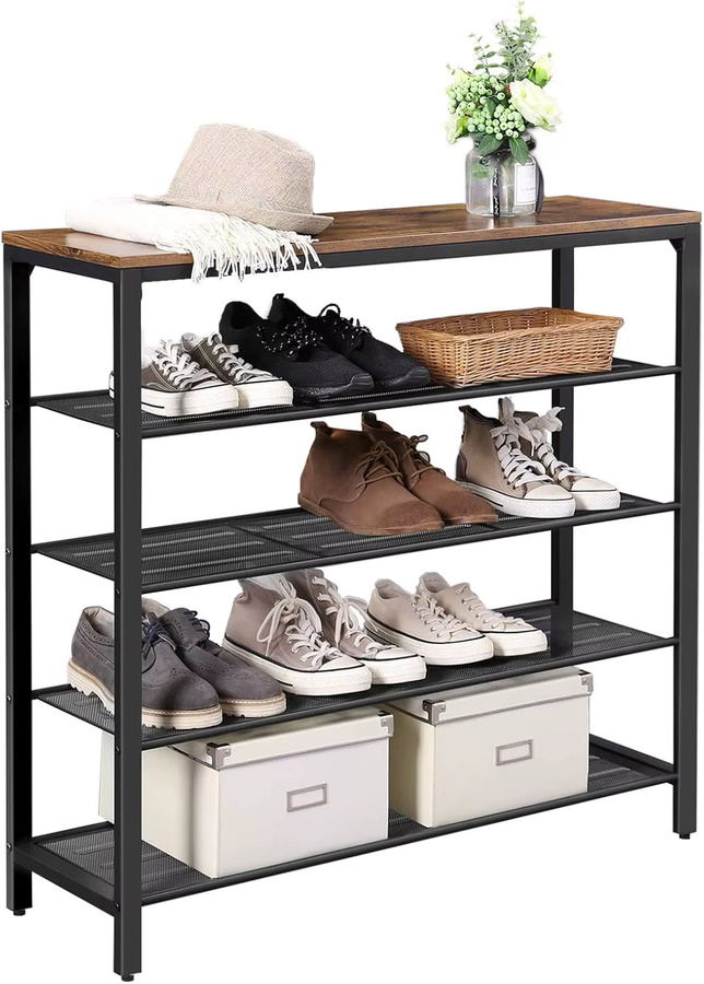 VASAGLE Schuhschrank im Industrial Design mit Metallgestell und Holzregalen, Farbe Braun - Bild 3