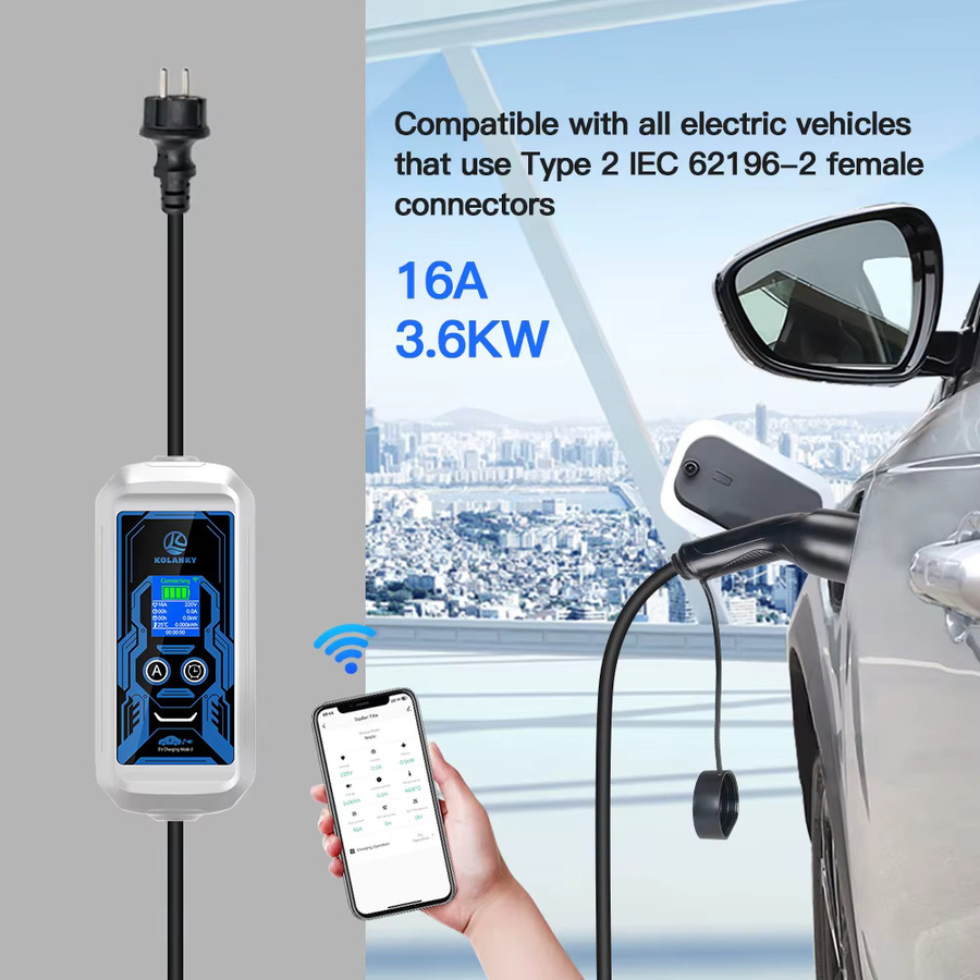 KOLANKY Tragbares EV-Ladegerät in Weiß, 3,6 kW, 16 A, 1 Phase, Typ2-Stecker mit 5 m Kabel zur Einstellung des Ladestroms für Elektroautos - Bild 2