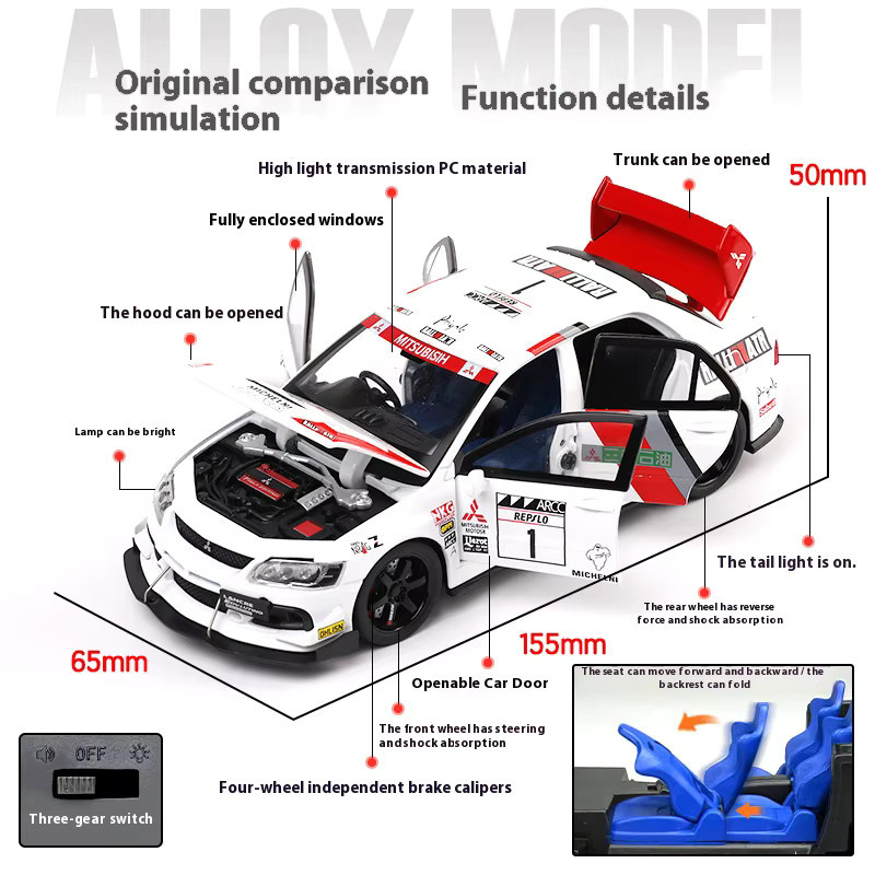 Mitsubishi EVO Automodell, 1:32, Metalldruckguss, mit Sound und Licht - Bild 2