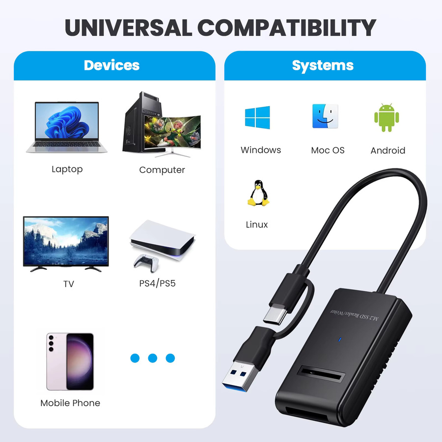 M.2 auf USB Typ-C SSD-Adapter Dual-Protocol Easy Drive-Kabel 10 Gbit/s für NVMe SATA PCIe NGFF Festplatten, Schwarz - Bild 3