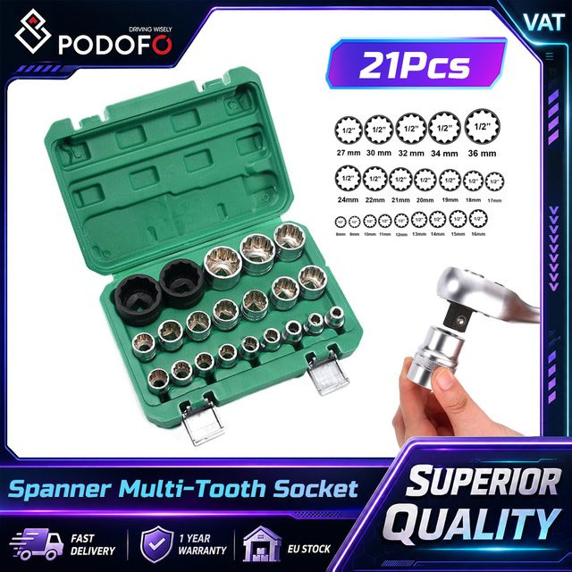 Podofo 21-teiliger Multi-Tooth-Steckschlüsselsatz mit 1/2 Zoll Antrieb für 6- und 12-kantige Steckschlüssel, 8-36 mm - Bild 1