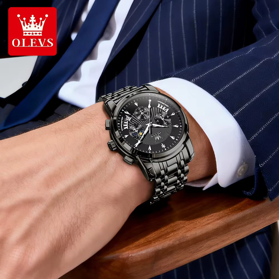 OLEVS Chronograph, Quarz, Edelstahl, Schwarz, Silber, Herren - Bild 3
