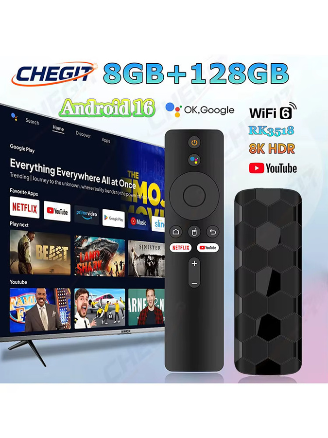 Android 16 R3+ 8K Ultra HD TV-Stick mit Dual-UI-Schnittstelle, Dual-WLAN 2,4G/5,8G, 8GB+128GB und RK3518 Quad-Core Mediaplayer in Schwarz - Bild 6