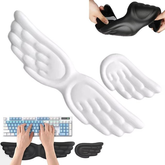 Ergonomisches Handgelenkauflage-Set in Flügelform aus Memory Foam mit rutschfestem Silikon für Tastatur und Maus in Weiß - Bild 1
