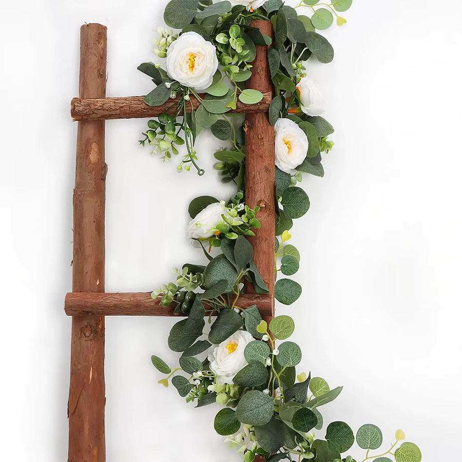 Kmitang Künstliche Eukalyptusranken mit weißen Rosen und Apfelblättern aus Rattan-Seide, Dekoration für Hochzeit und Zuhause, Länge: 175 bis 180 cm - Bild 2