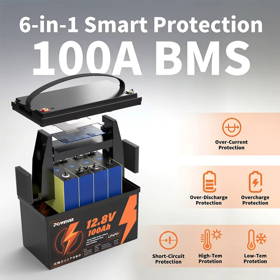 POWINVER 12V 100Ah LiFePO4 Lithium-Batterie mit integriertem BMS in Schwarz für Solar, RV und Marine - Bild 2