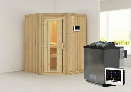 Karibu Tartu Bio-Kombi-Sauna aus Fichtenholz mit 9 kW Saunaofen und externer Steuerung für 3 Personen, beige - Bild 1