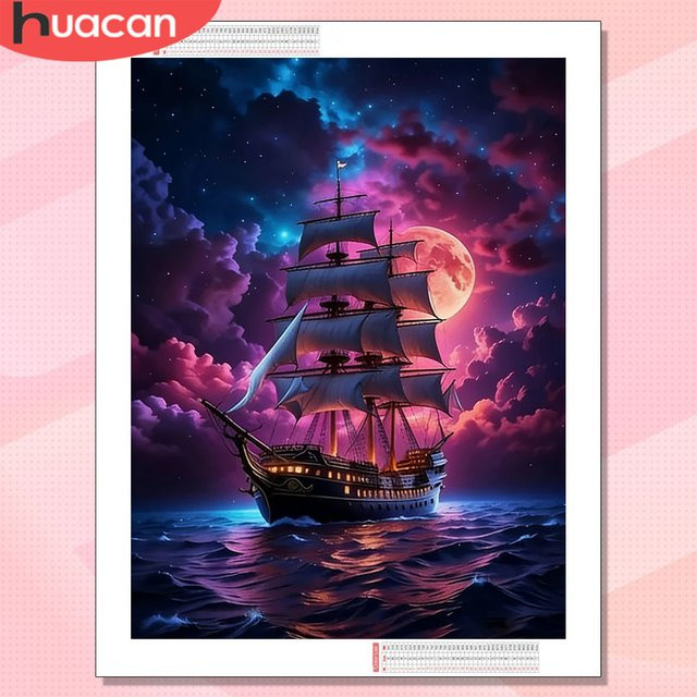 HUACAN Diamant-Mosaik Set Segelboot-Landschaftsgemälde mit Sternenhimmel und Meereskunst in Multicolour, Durchmesser: 20 cm, Höhe: 30 cm - Bild 1