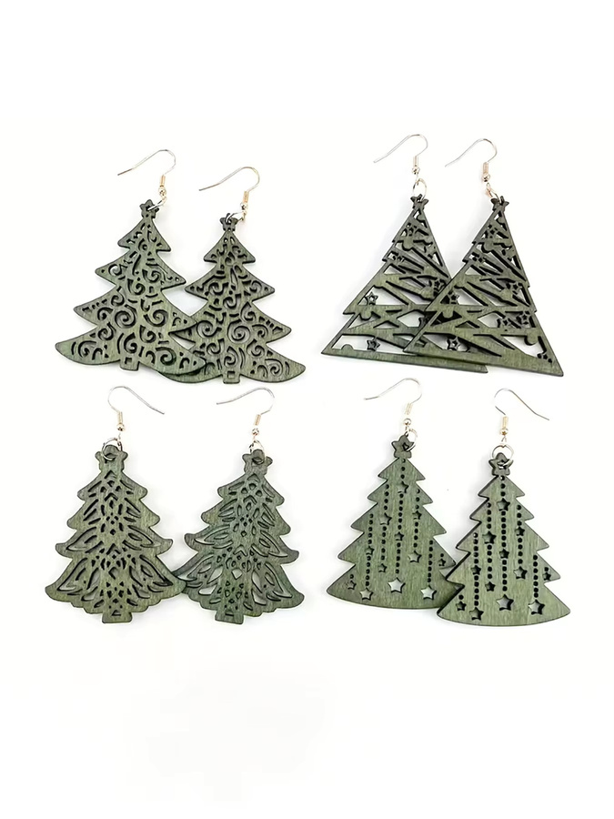 YULUCH Ohrhänger-Set 4-teilig, Holz, Weihnachtsbaumform, Damen, Vintage - Bild 2
