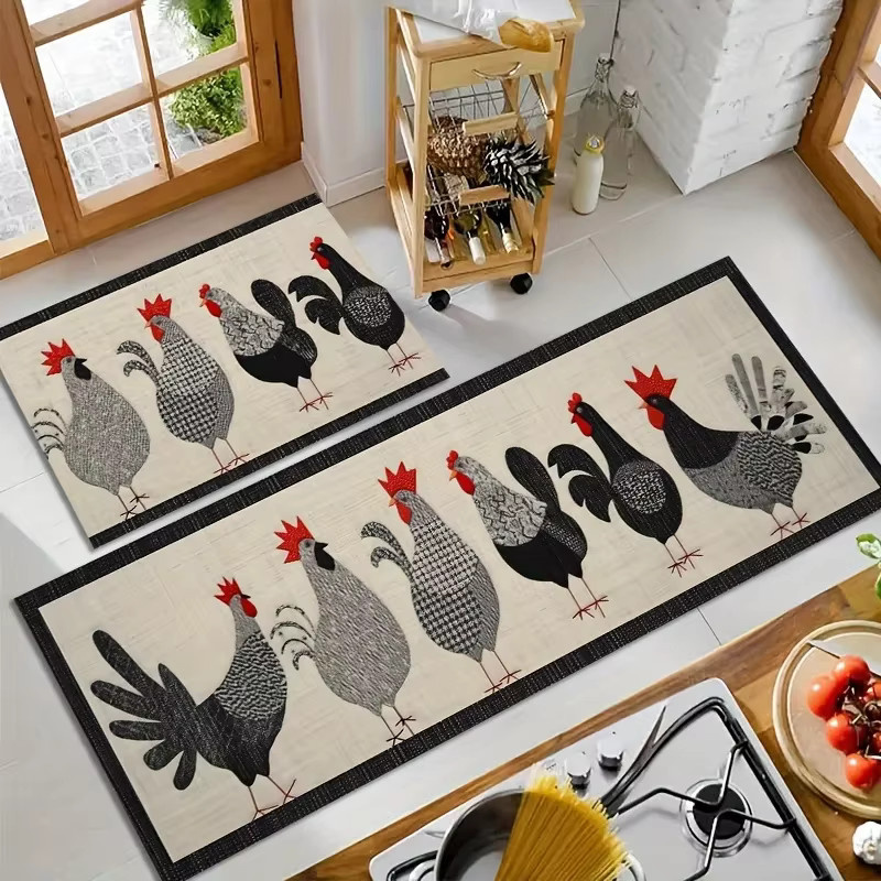 VIKAMA Küchenläufer Hahn mit Hühner-Motiv, gepolsterter und rutschfester Teppich im Landhausstil, mehrfarbig, B/T/H: 60 x 40 x 1 cm - Bild 4
