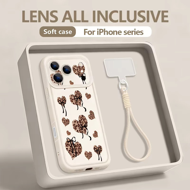 MOESOE Handyhülle mit Leopardenmuster, Herzen und Schleife sowie Wrist Strap für iPhone 17 16 15 14 13 12 Pro Max Air 16e 11, Farbe: Multicolour/Schwarz - Bild 1
