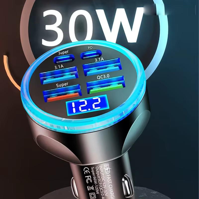 UYUXIO 6-Port Auto-Ladegerät mit LED-Digitalanzeige und 30W PD USB-C Anschluss in Schwarz - Bild 5