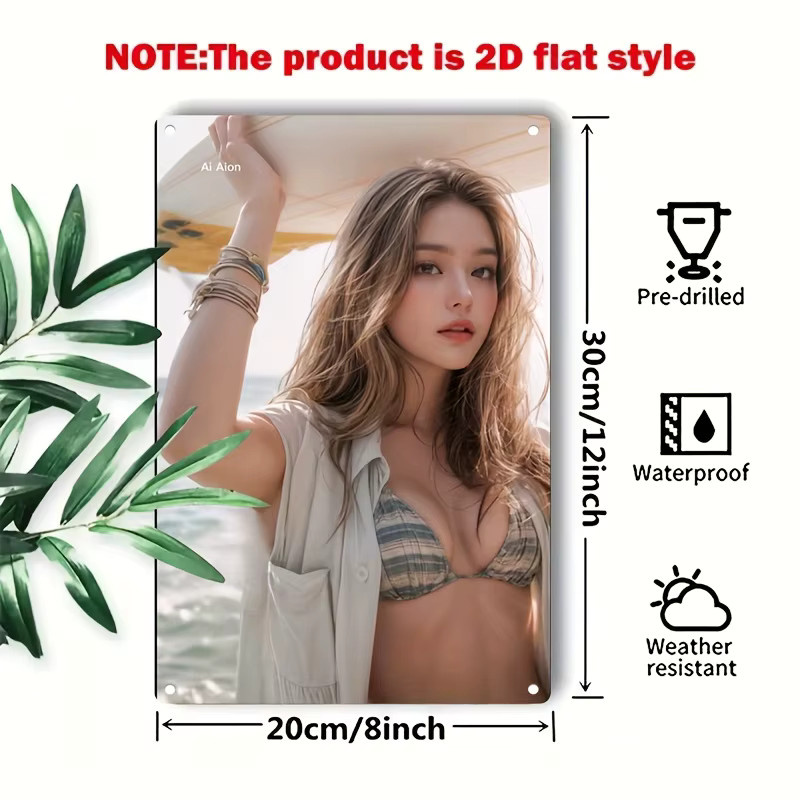 CIFBUY Vintage Wandkunst aus Metall mit Bikini-Strand-Motiv in Mehrfarbig, Rechteckiges Metallschild für Küstendekoration in Bar oder Café - Bild 3