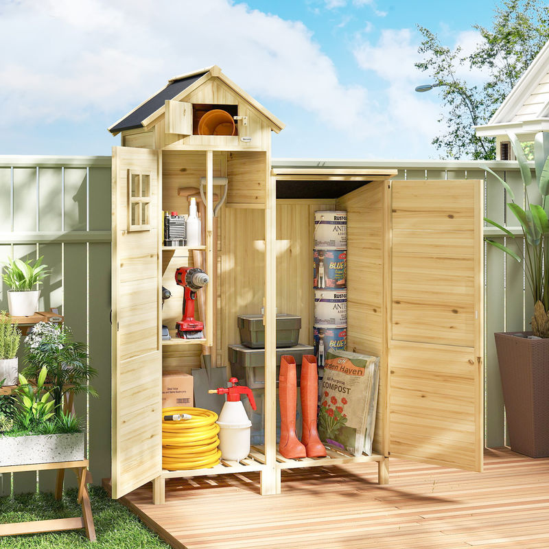 Outsunny Gartenschrank aus Fichtenholz in Holzfarbe mit Doppelzonen-Design, Geräteschuppen für den Außenbereich mit Schrägdach, Fenster und herausnehmbaren Regalen, B/T/H: 106 x 57 x 167 cm - Bild 2