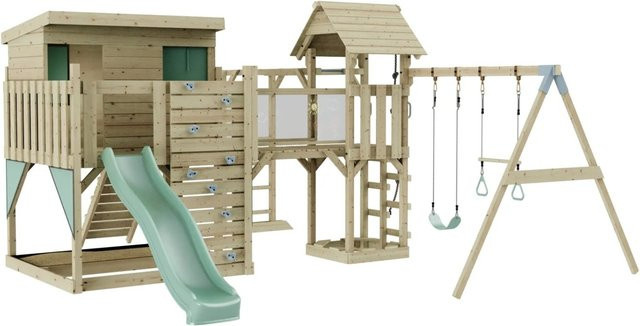 OutdoorToys Spielturm Johanna mit Trapezschaukel in Mintgrün aus Holz und verzinktem Stahl - Bild 1