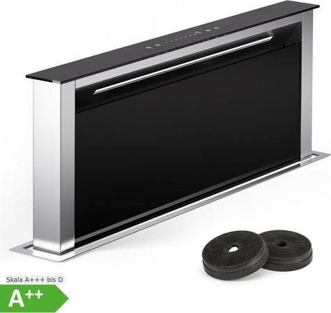 Klarstein Royal Flush Eco 75 Dunstabzugshaube mit Downdraft-Funktion in Schwarz und Edelstahl, Breite: 75 cm, EEK A++, inkl. Aktivkohlefiltern für den Umluftbetrieb