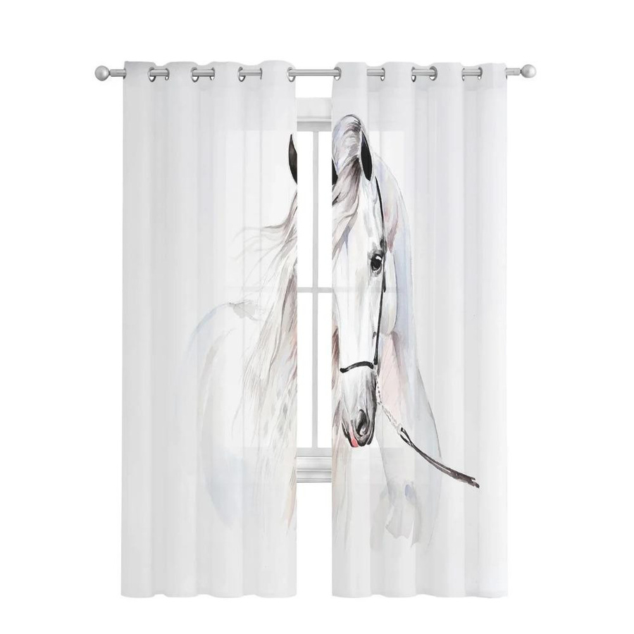 Yiran Furniture Transparentes Tüll-Vorhang mit Pferd-Aquarellmotiv in Weiß, Breite: 135 cm, Höhe: 115 cm - Bild 2