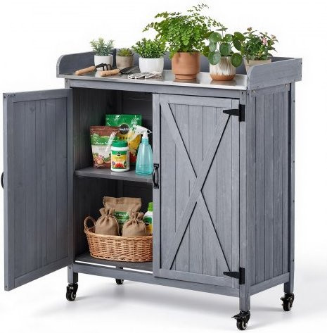 VEVOR Gartenwerkbank aus Tannenholz mit verzinkter Eisenplatte und Rollen, grauer Pflanztisch mit großem Stauraum, B/T: 91,5 x 40,5 cm - Bild 1
