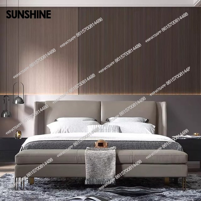 Modernes italienisches Doppelbett aus Massivholz und Leder in Grau, B/T: 180 x 200 cm - Bild 1