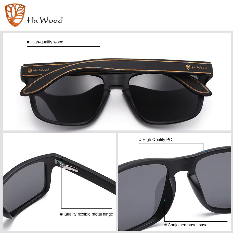 Hu Wood Brand Design Sonnenbrille Herren, Vollrand, Holz, Schwarz, Square - Bild 3