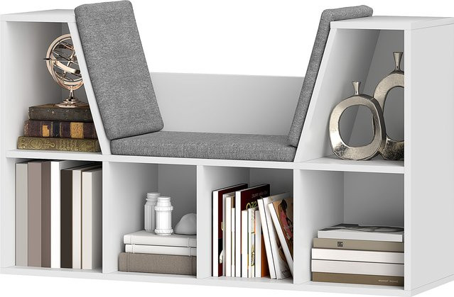 Aosom HOMCOM Bücherregal mit Sitzkissen in Weiß, Aufbewahrungsregal mit 6 Fächern in Leinenoptik, B/H/T: 105 x 63 x 30 cm - Bild 1