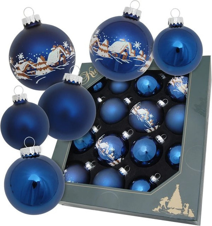 Krebs Glas Lauscha Weihnachtskugeln Blau Waldset, 16-teiliges Set aus Glas, Durchmesser: 5-7 cm