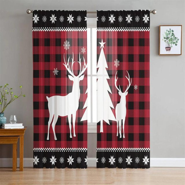 Yiran Furniture Weihnachtsbaum Tüllvorhang Rot Transparent mit Ösen, 2er Set, Breite: 65 cm, Höhe: 60 cm - Bild 1