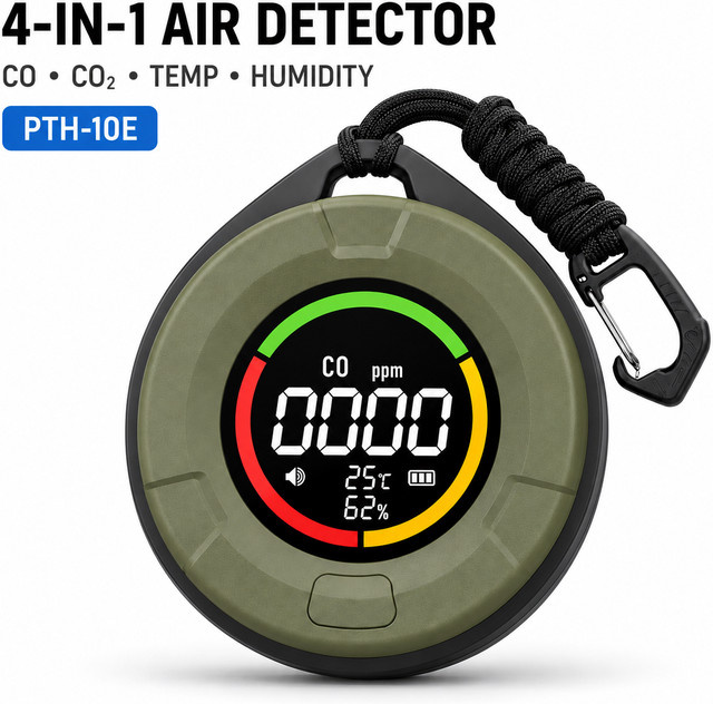 FABISENSE Tragbarer 4-in-1 Kohlenmonoxid-Detektor in Grün mit CO-Alarm, CO2-Sensor und Temperatur- sowie Luftfeuchtigkeitsanzeige für Zuhause und Wohnmobil - Bild 1