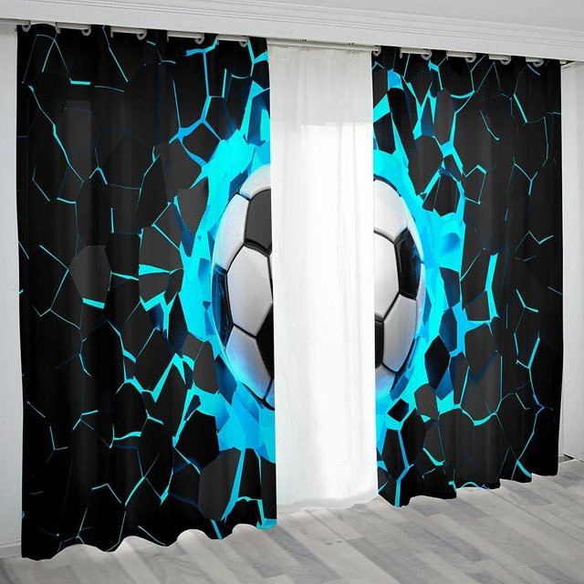 Sportliche Fußball Fenstervorhänge in Blau, halbtransparentes Polyester mit Ösen, B: 55 cm, H: 120 cm - Bild 1