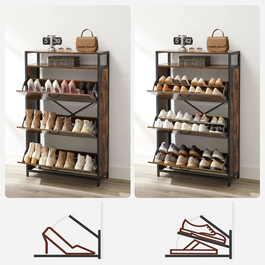 VASAGLE Schuhschrank im Industrial Design mit 3 Klappen, Schuhkommode in Schwarz und Braun - Bild 2