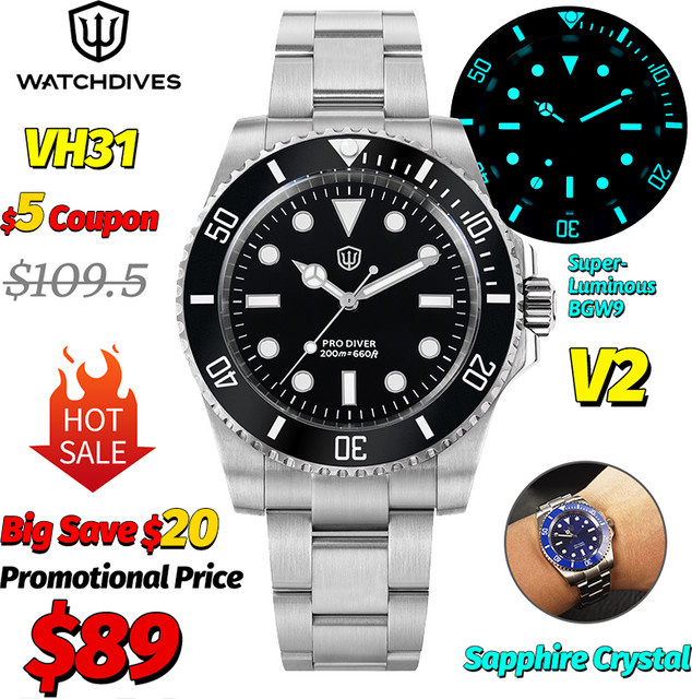 Watchdives Armbanduhr, Quarz, Edelstahl, Saphirglas, 20 ATM, Herren - Bild 1