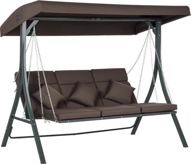 Outsunny Hollywoodschaukel 3-Sitzer mit Sonnendach und Kissen, Braun-Schwarz, B/T/H: 198 x 118 x 168 cm - Bild 1