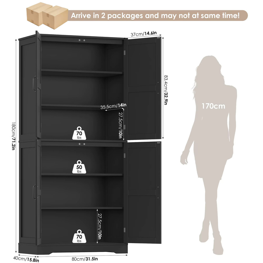 Getone Küchenschrank Hochschrank in Schwarz Matt mit 4 Türen, B/T/H: 80 x 40 x 180 cm - Bild 4