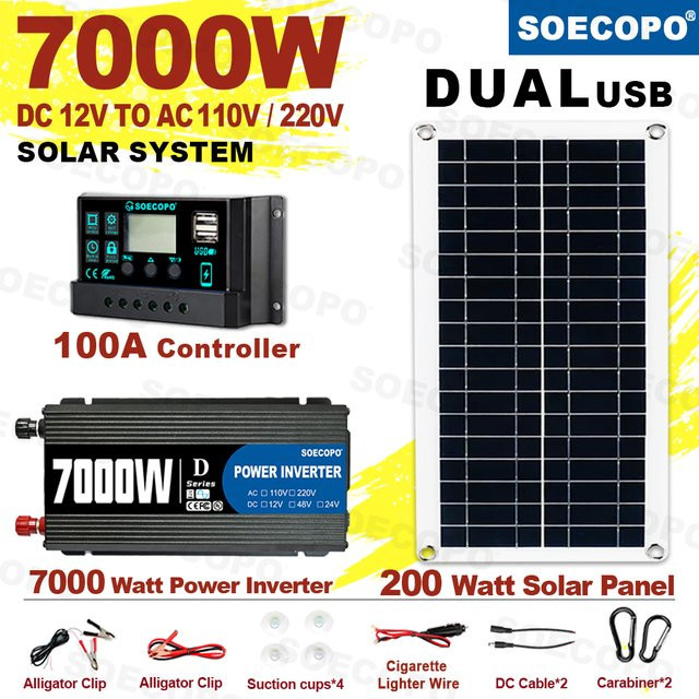Soecopo Solarsystem-Kit 7000 W mit 200 W Solarpanel, 100 A Controller und Wechselrichter für Heim und Camping in Schwarz - Bild 1