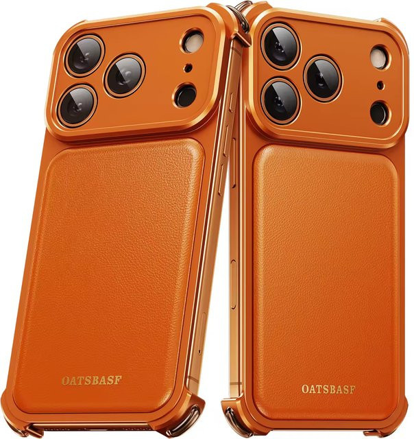 Bounce Handyhülle aus magnetischem Leder für iPhone 17 und iPhone 16 Pro Max in Orange mit Aluminium-Metallstoßstange und stoßfester Rückseite - Bild 1