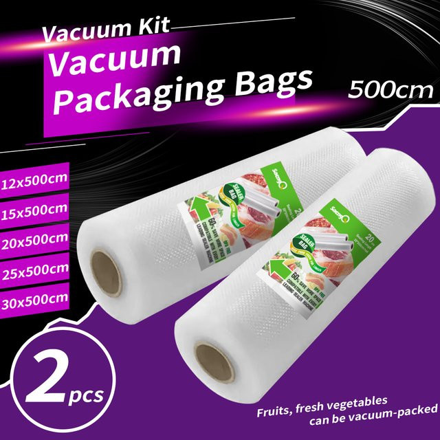 saengQ Vakuumierrollen transparent, 2 Rollen mit je 500 cm Länge, strukturierte einseitige Netz-Vakuumverpackungsrollen für Lebensmittel - Bild 1