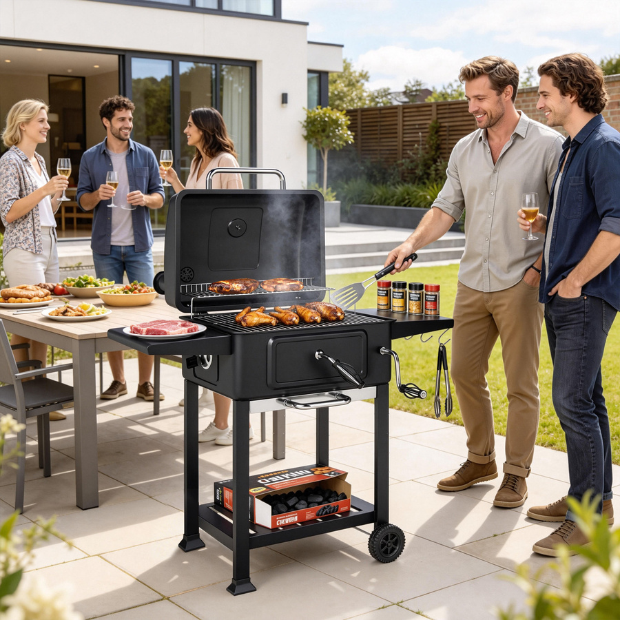 Outsunny Holzkohlegrill BBQ Smoker mit Deckel, Thermometer und Seitentisch, Grillwagen mit Rädern für Garten und Camping, Marke Aosom - Bild 2