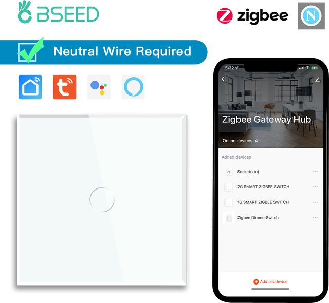 BSEED Zigbee Smart Wand Schalter mit Touch-Funktion, Tuya kompatibel, Schwarz, Steuerung via Alexa und Google Home, benötigt Neutralleiter - Bild 1