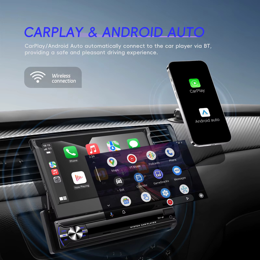 Camecho 1 DIN Autoradio mit 7 Zoll versenkbarem IPS Bildschirm, Android Auto, Carplay, GPS und Wifi, Schwarz, 4 GB RAM + 64 GB Speicher - Bild 2