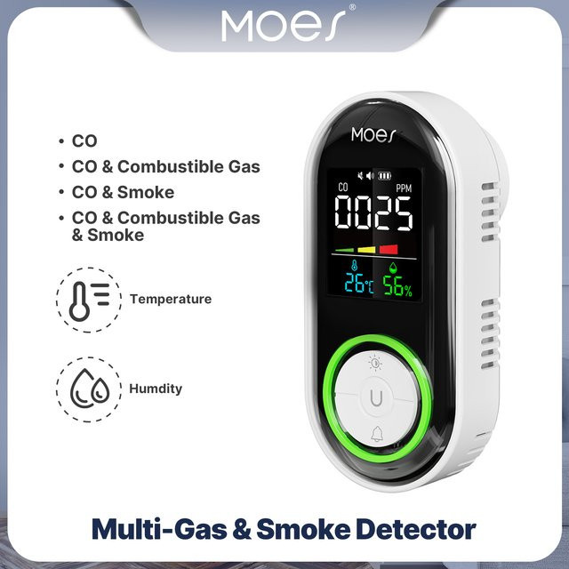 MOES Gas- und Rauchmelder mit Kohlenmonoxidsensor, Plug-in Warnmelder mit LED-Anzeige, Temperatur und Luftfeuchtigkeit, Farbe: Weiß - Bild 1