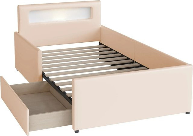 Merax Kinderbett in Beige mit Kunstleder, integriertem Nachtlicht, USB-Anschluss und Schubladen, B/T/H: 90 x 200 x 103 cm - Bild 1