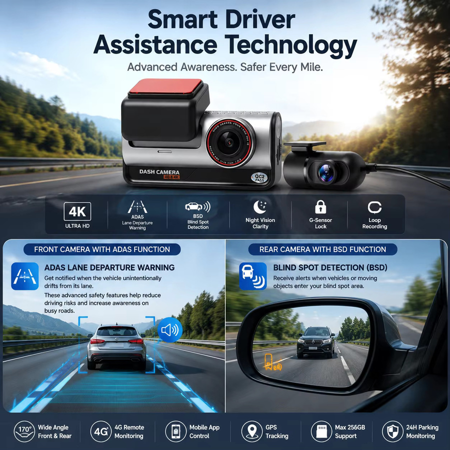 Bluavido 4G LTE 4K Ultra HD Dual-Dashcam mit GPS, WLAN-Hotspot, ADAS und 24-Stunden-Parkmodus in Schwarz - Bild 6