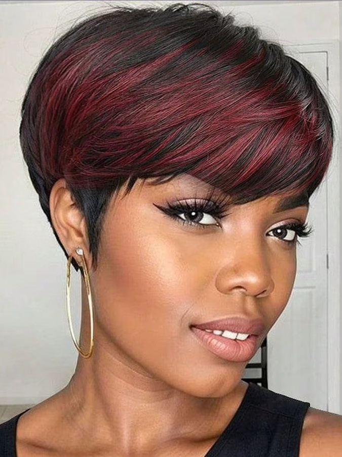 OYM HAIR Kurzhaarperücke Pixie-Schnitt mit Pony, Schwarz-Rot, Damen - Bild 4