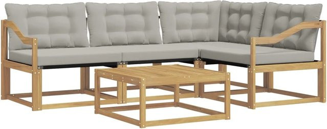 vidaXL Outdoor-Sofagarnitur aus Akazienholz in L-Form mit Textilene-Polstern und Kissen, Weiß und Grau, B/T/H: 79 x 79 x 37 cm - Bild 1
